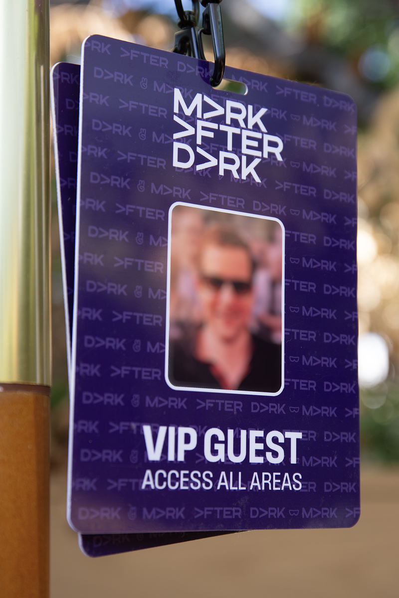 Mark After Dark VIP guest pass on a lanyard